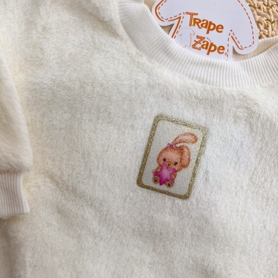 Conj. Casaco de Pelinho Coelhinha com Estrela e Calça em Plush - Off White e Verde